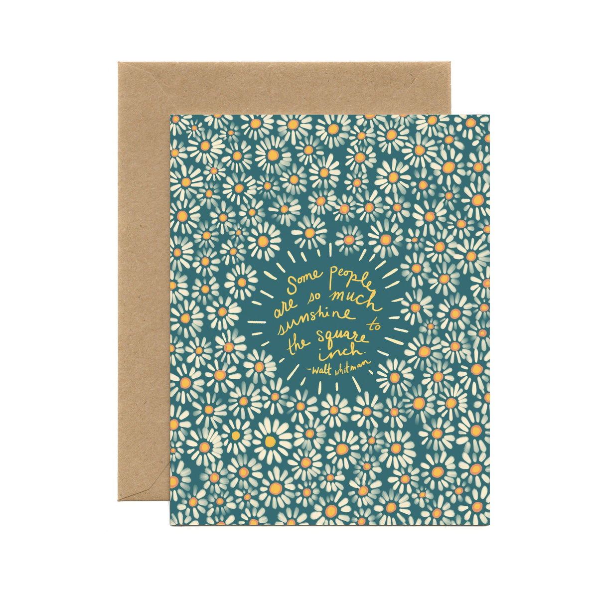 Handmade greeting card with white daisies on teal background and gold foil "So Much Sunshine" text, special artisan gift. - So Much Sunshine