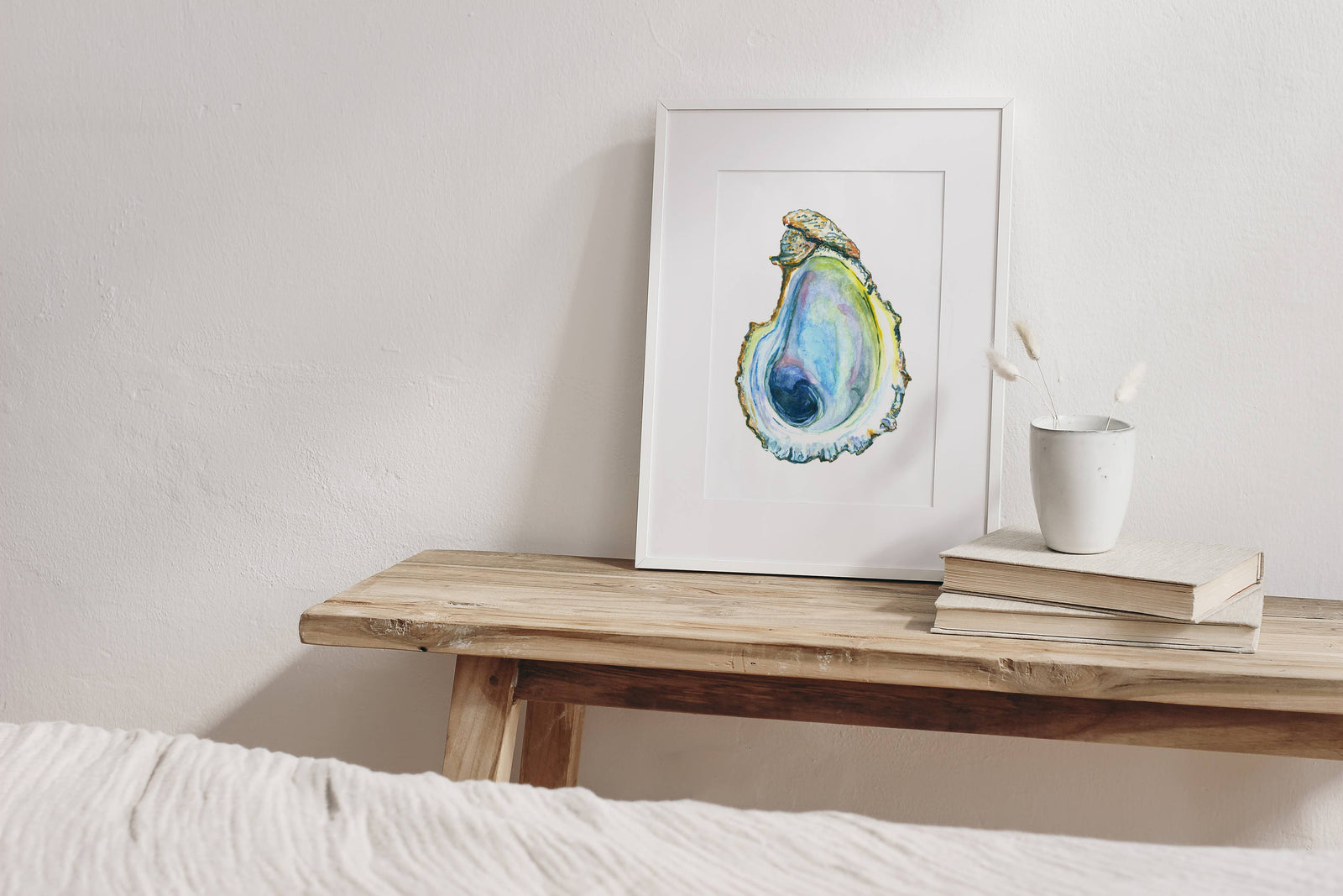 Handmade oyster watercolor print with vibrant blue and green hues, unique artisan wall art gift. - Oyster Watercolor Print