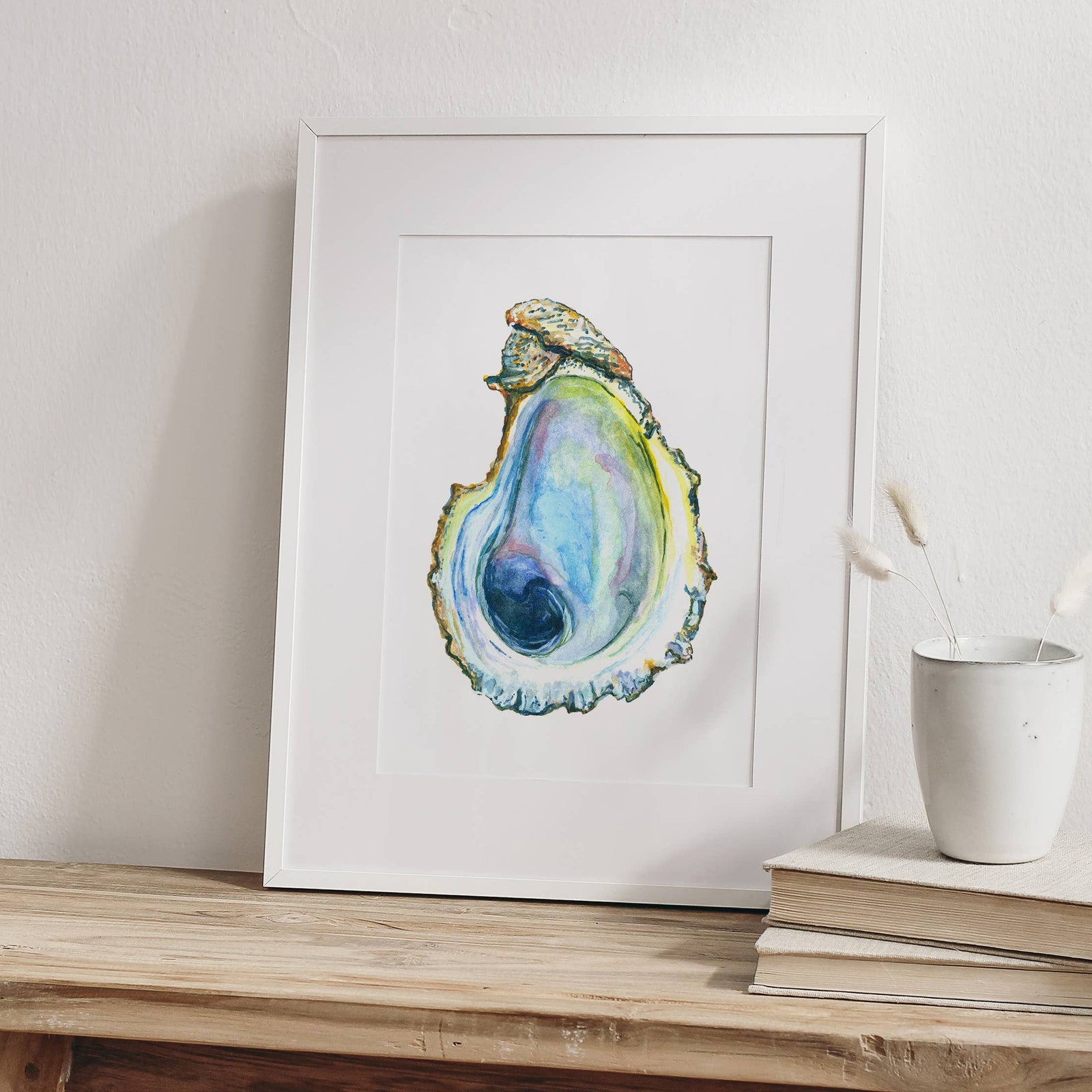 Handmade oyster watercolor print with vibrant blue and green hues, unique artisan wall art gift. - Oyster Watercolor Print