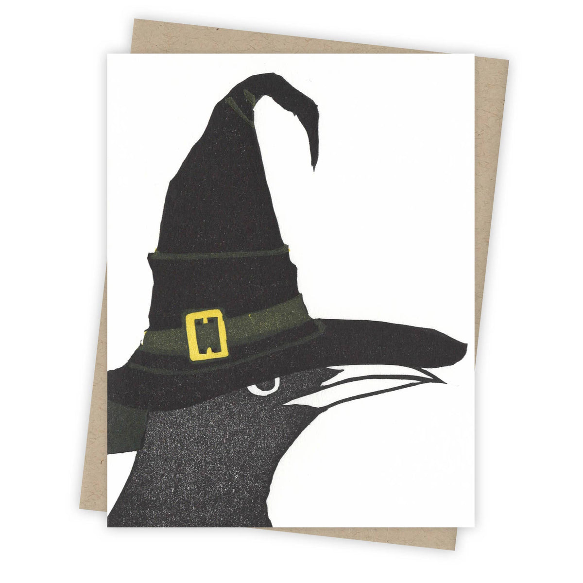 Handmade greeting card featuring a detailed black grackle wearing a unique witch hat, perfect artisan gift. - Cackle Grackle Card