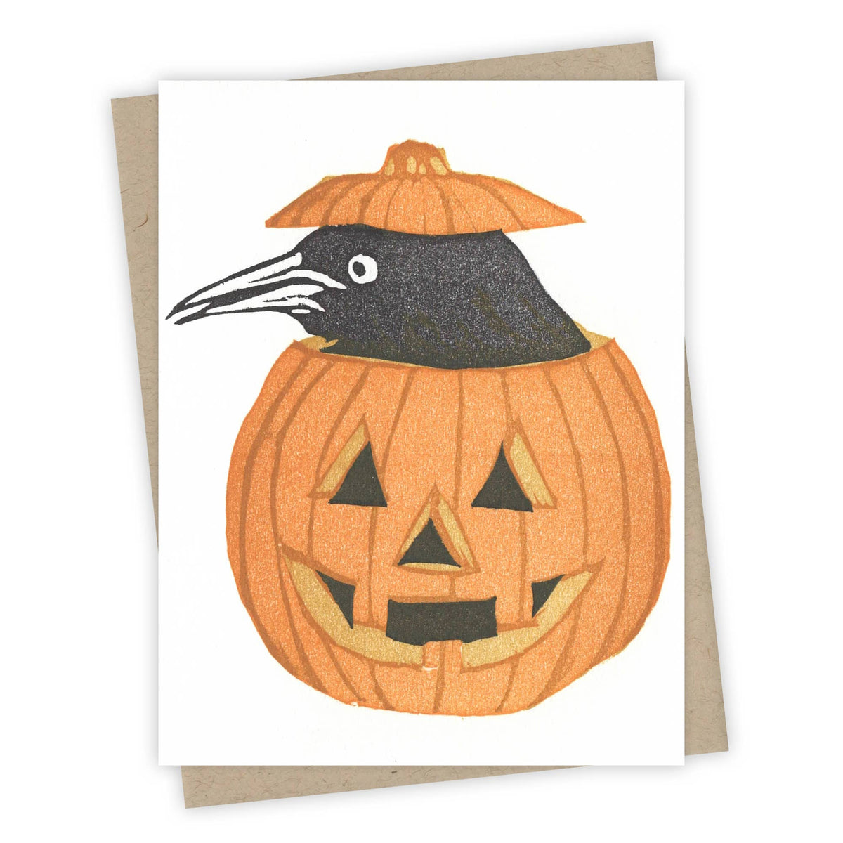 Handmade greeting card featuring a unique artisan illustration of a grackle inside a jack-o'-lantern pumpkin hat, perfect. - Jack-o'-Lantern Grackle Card