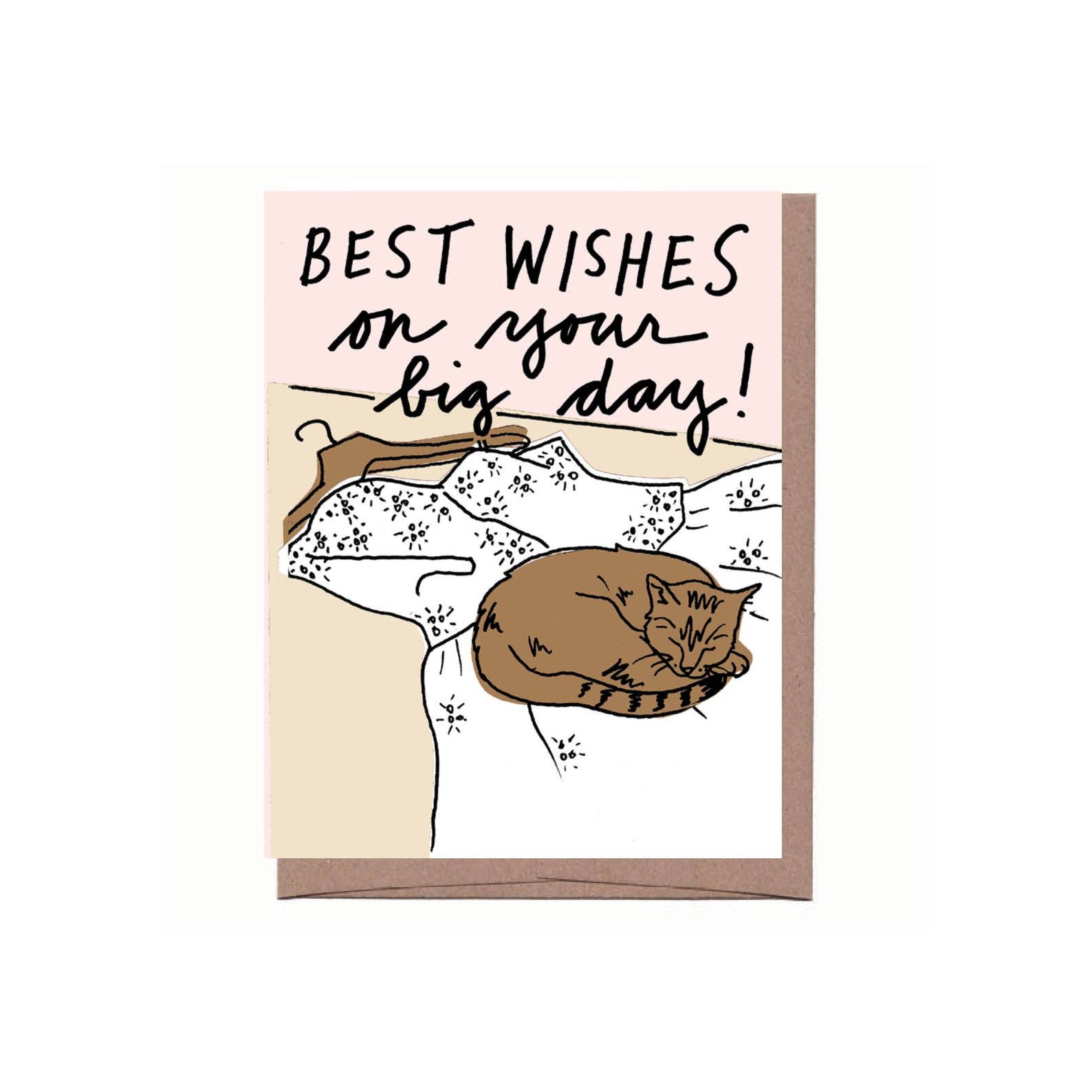 Handmade wedding greeting card with unique cat illustration and "Best wishes on your big day!" text, special artisan gift. - Cat on Wedding Dress Greeting Card
