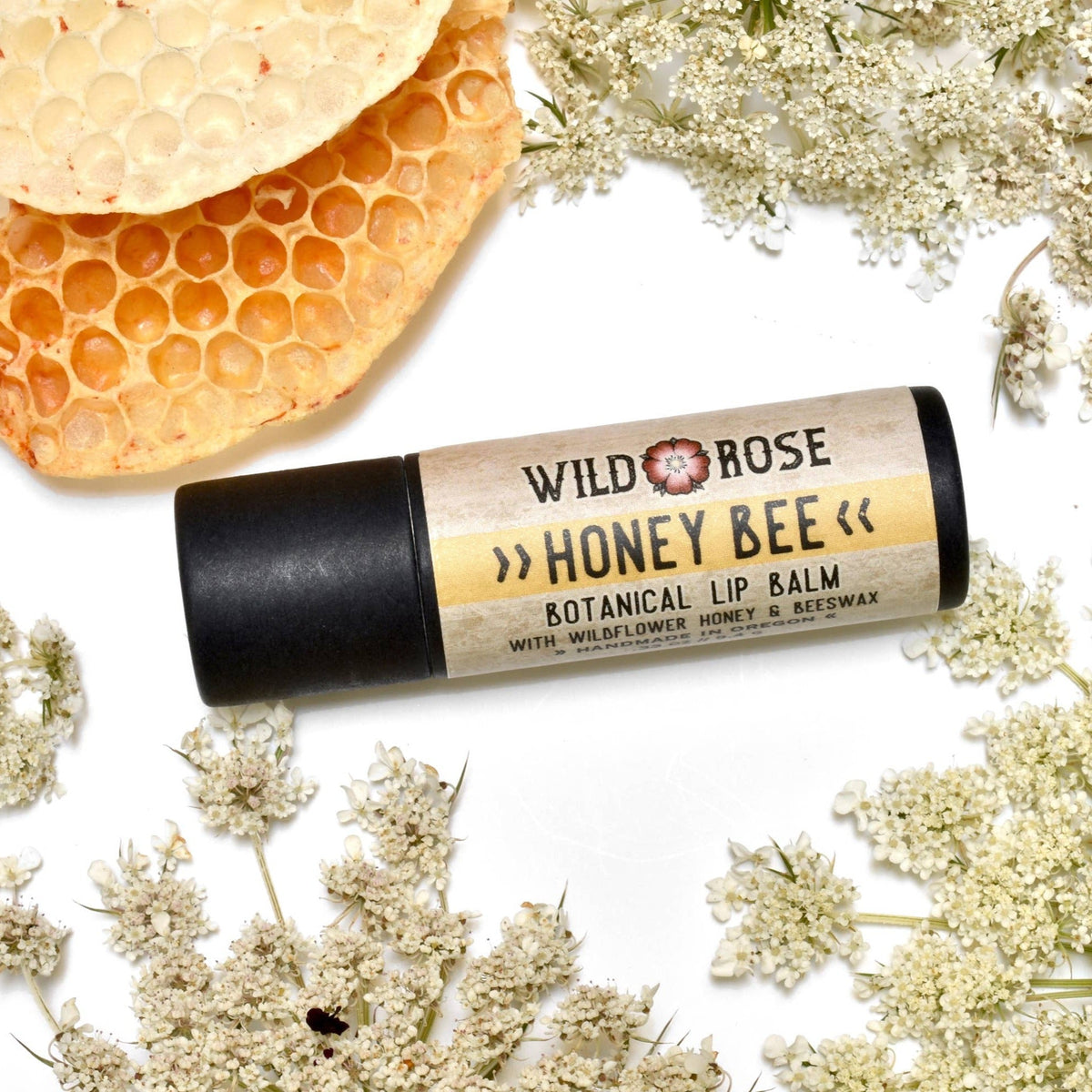Handmade Honey Bee lip balm with artisan botanical formula, natural packaging, special gift idea. - Wild Rose Herbs Lip Balms