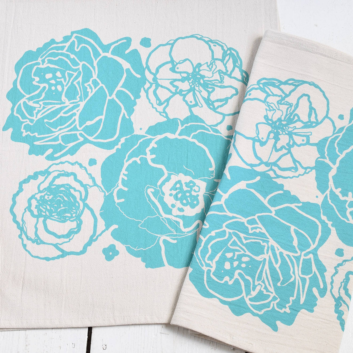 Peony Blossom Tea Towel - Teal
