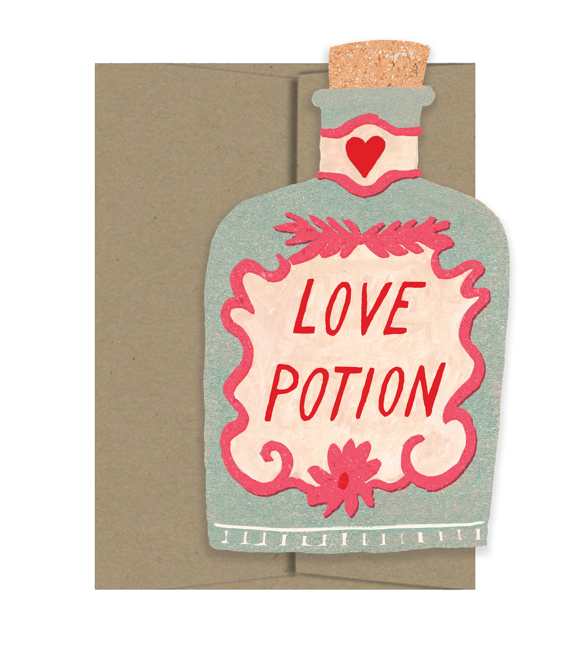 Handmade unique Love Potion card with vintage-style bottle and cork, artisan love gift. - Love Potion Card
