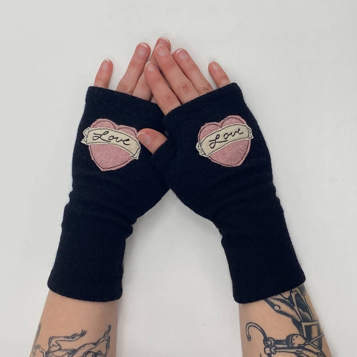 Tattoo Heart Love Pink Fingerless Cashmere Gloves
