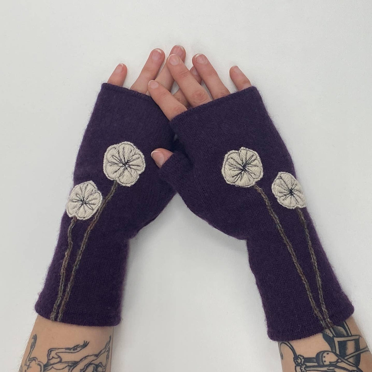 Cream Cherry Blossom Fingerless Cashmere Gloves