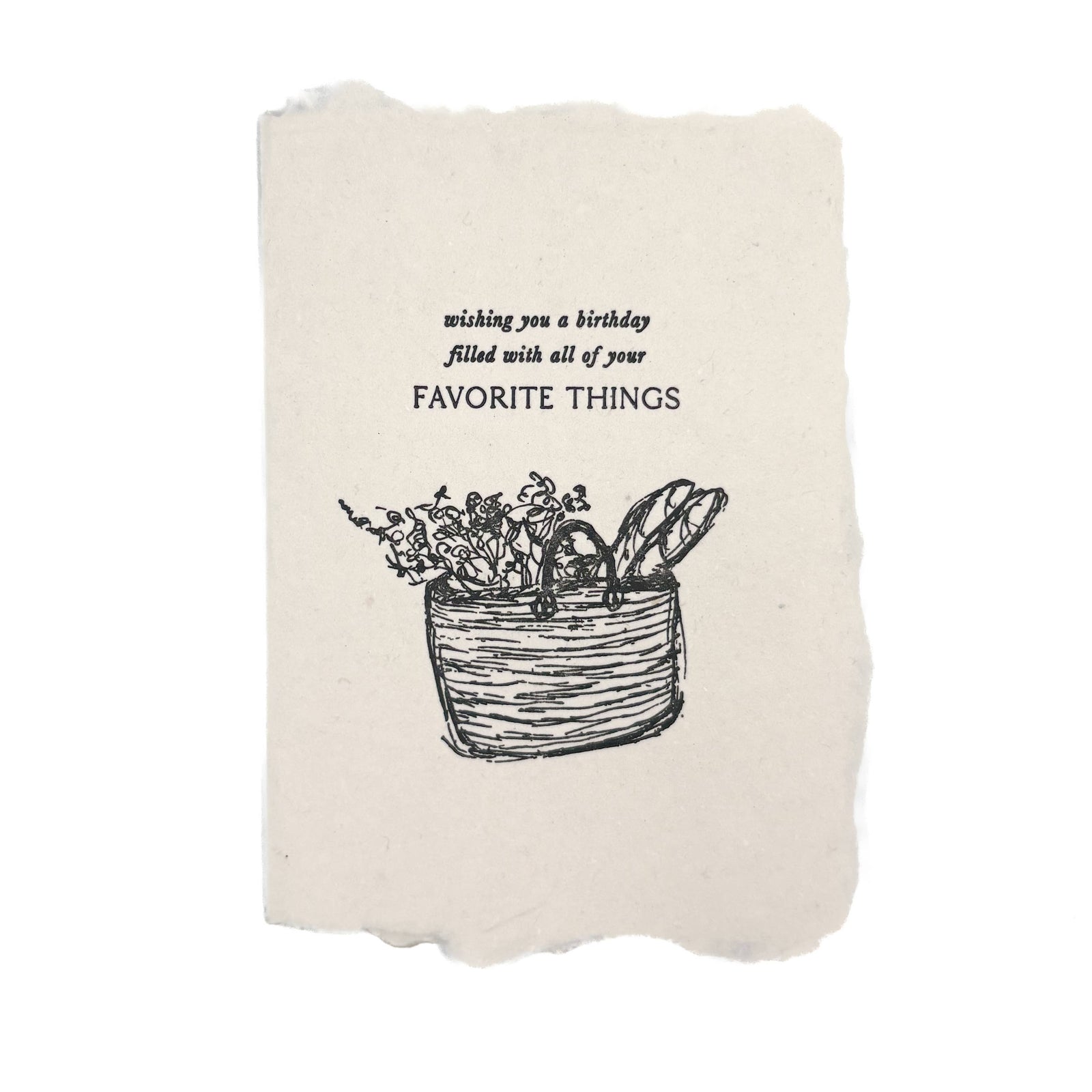 Handmade birthday card with textured edges featuring an artisan basket sketch and special message. - Happy birthday basket card