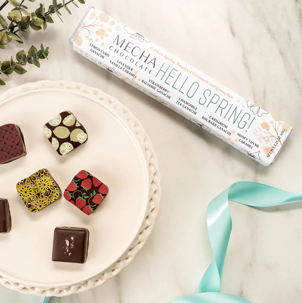 Artisan handmade assorted chocolates in unique spring-inspired shapes and colors, elegant gift box packaging. - Hello Spring Box (6 pieces)