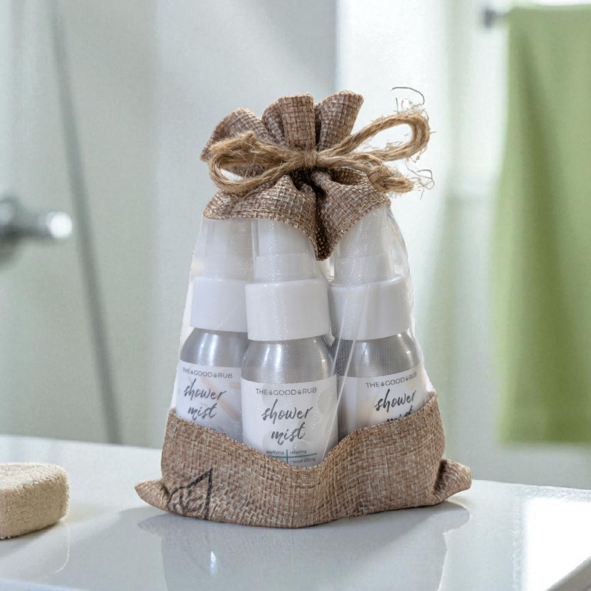 Set of three artisan handmade shower mist sprays in clear bottles with brown burlap gift bag and twine bow. - Good Set - Shower Mist Sampler