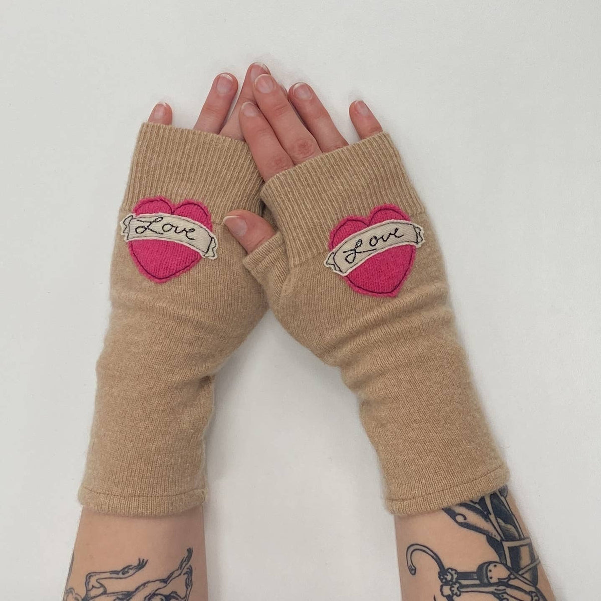 Tattoo Heart Love Pink Fingerless Cashmere Gloves