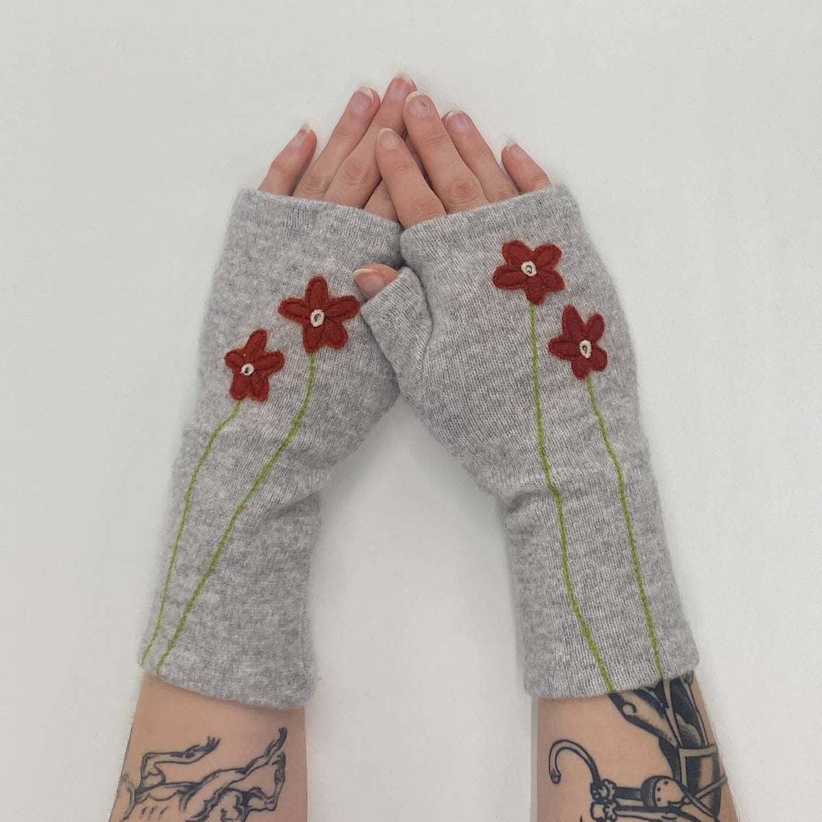 Olive Wildflower Fingerless Cashmere Gloves