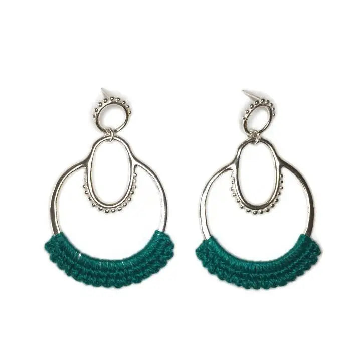 Handmade artisan earrings with silver hoops and unique aqua crocheted accents, perfect gift. - Suna Crocheted Earrings