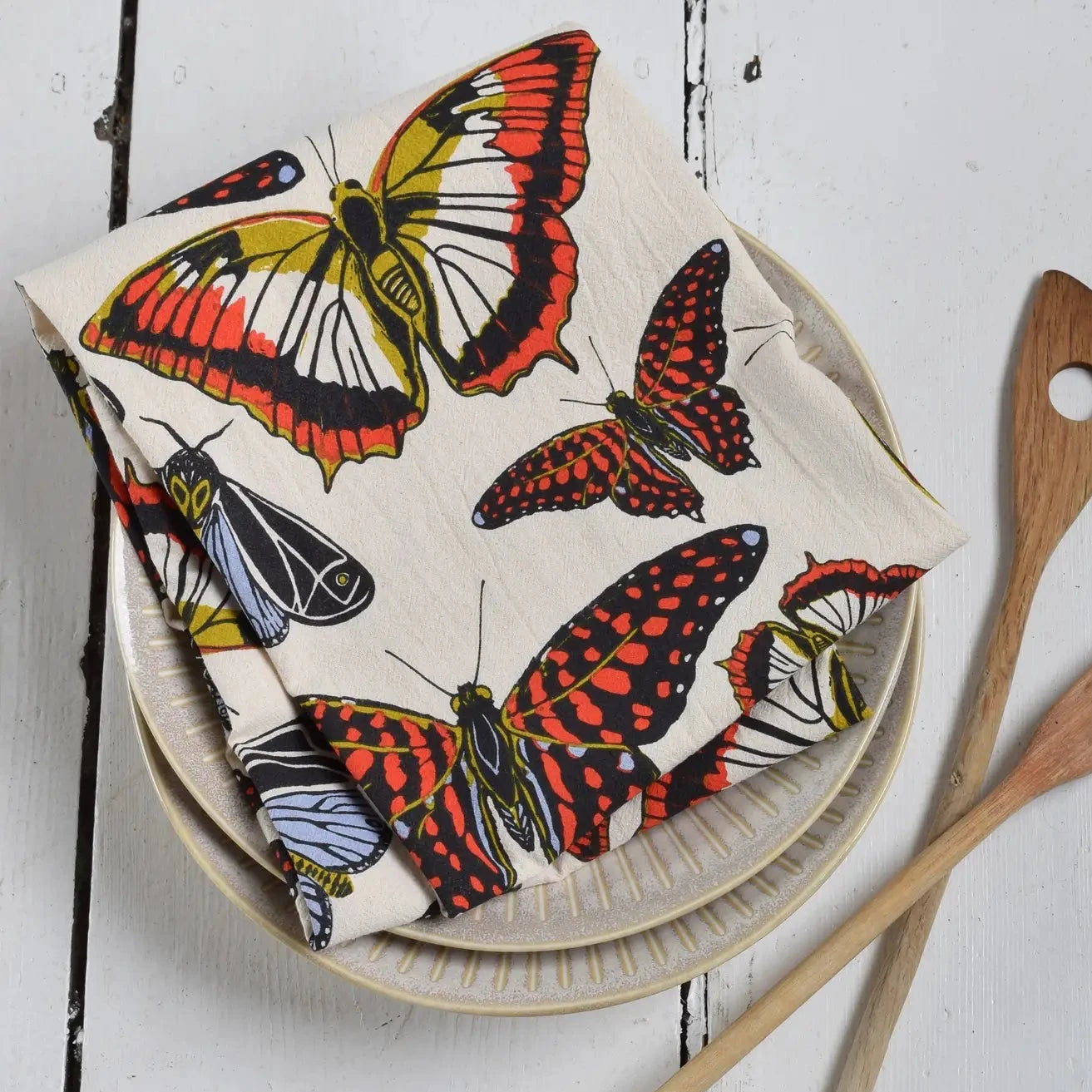 Handmade tea towel with vibrant butterfly print, unique artisan design, perfect gift for kitchen decor. - Butterfly Tea Towel