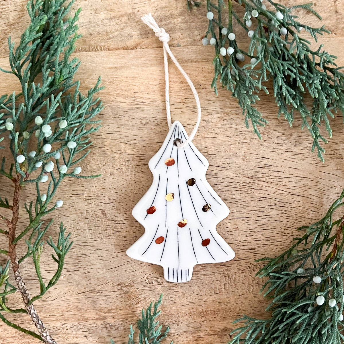 Porcelain Christmas Pine Tree Ornament w/ 22k Gold