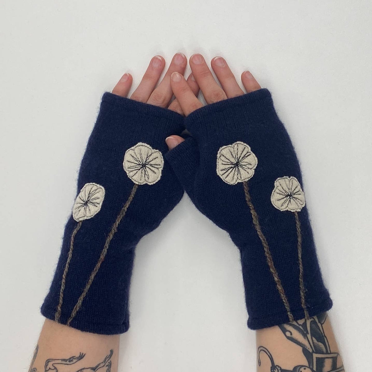 Cream Cherry Blossom Fingerless Cashmere Gloves