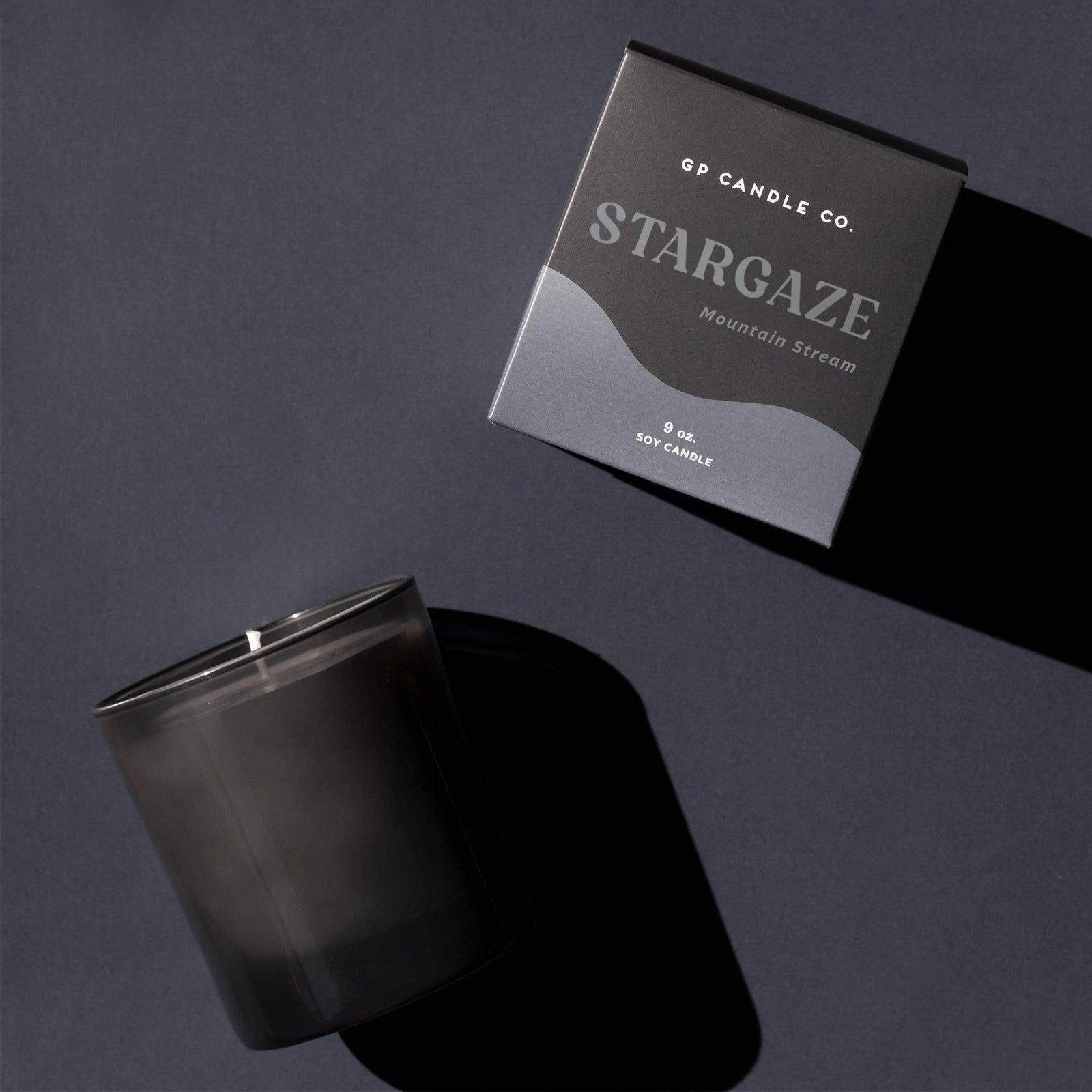 Handmade Stargaze 9 oz. Hue Candle in sleek black glass with matching artisan black and white gift box. - Stargaze 9 oz. Hue Candle (Mountain Stream)
