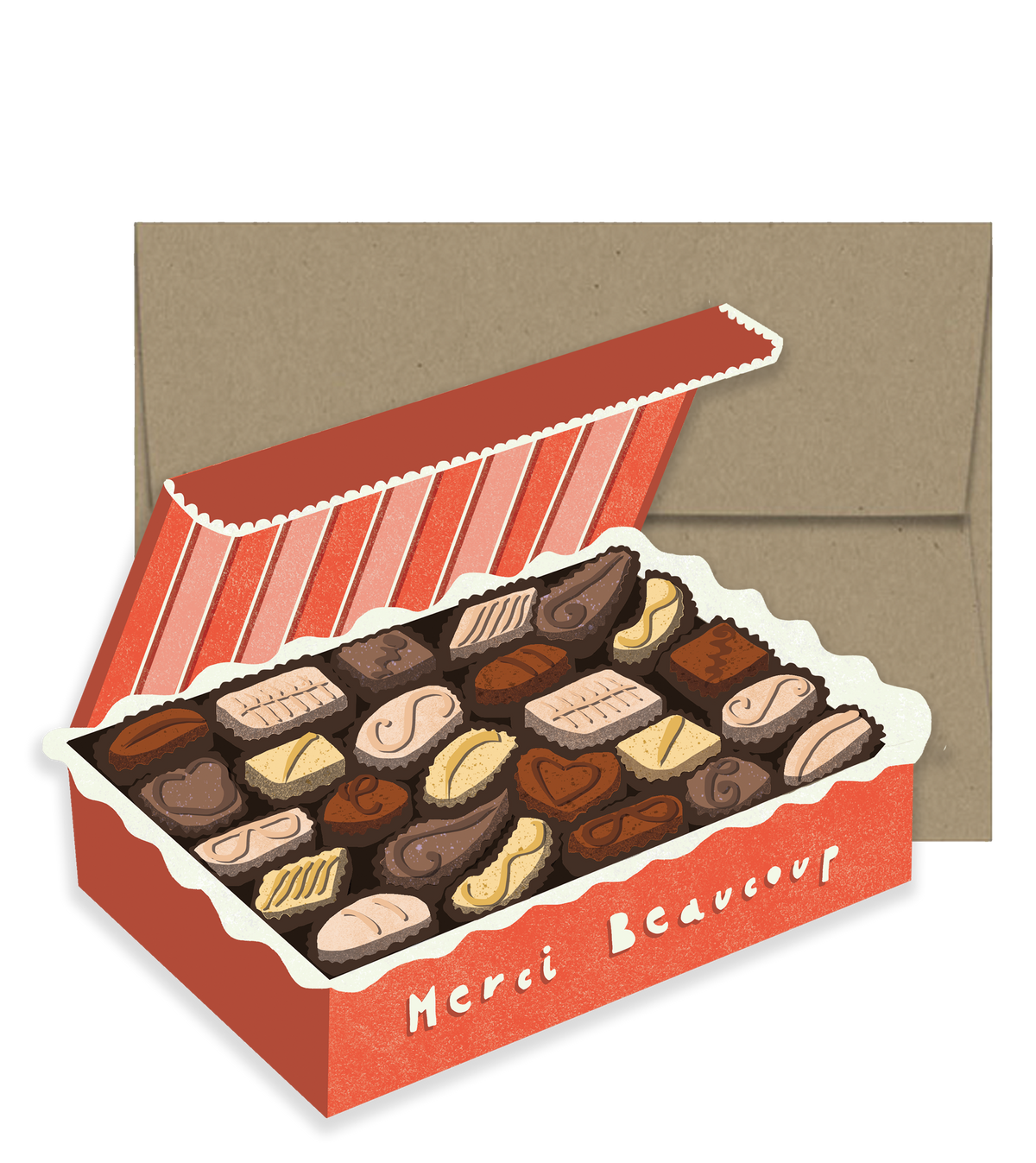 Handmade artisan greeting card featuring a unique chocolate box design with "Merci Beaucoup" text, perfect for a special gift. - Merci Chocolate Box Card