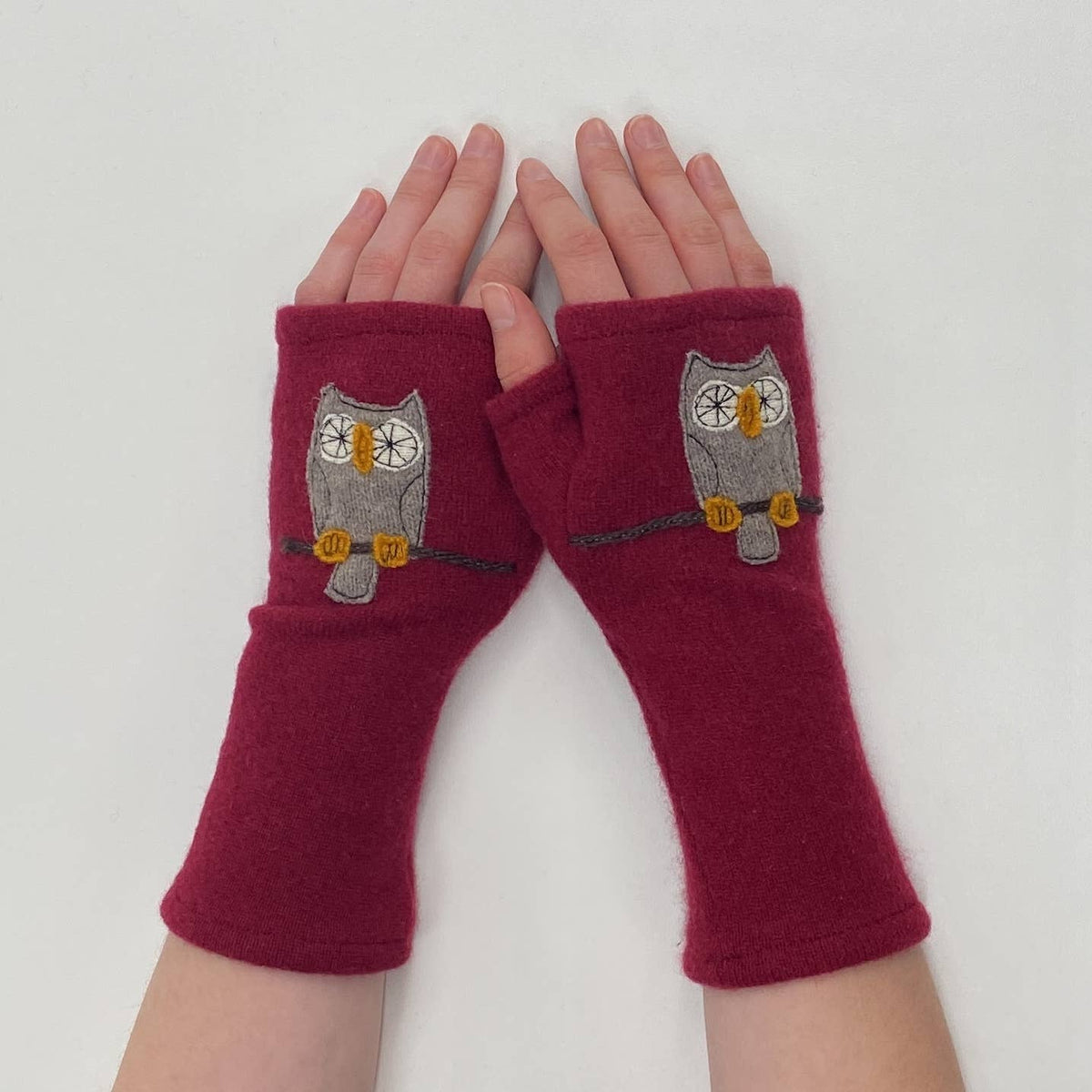 Orange Owl Fingerless Cashmere Gloves