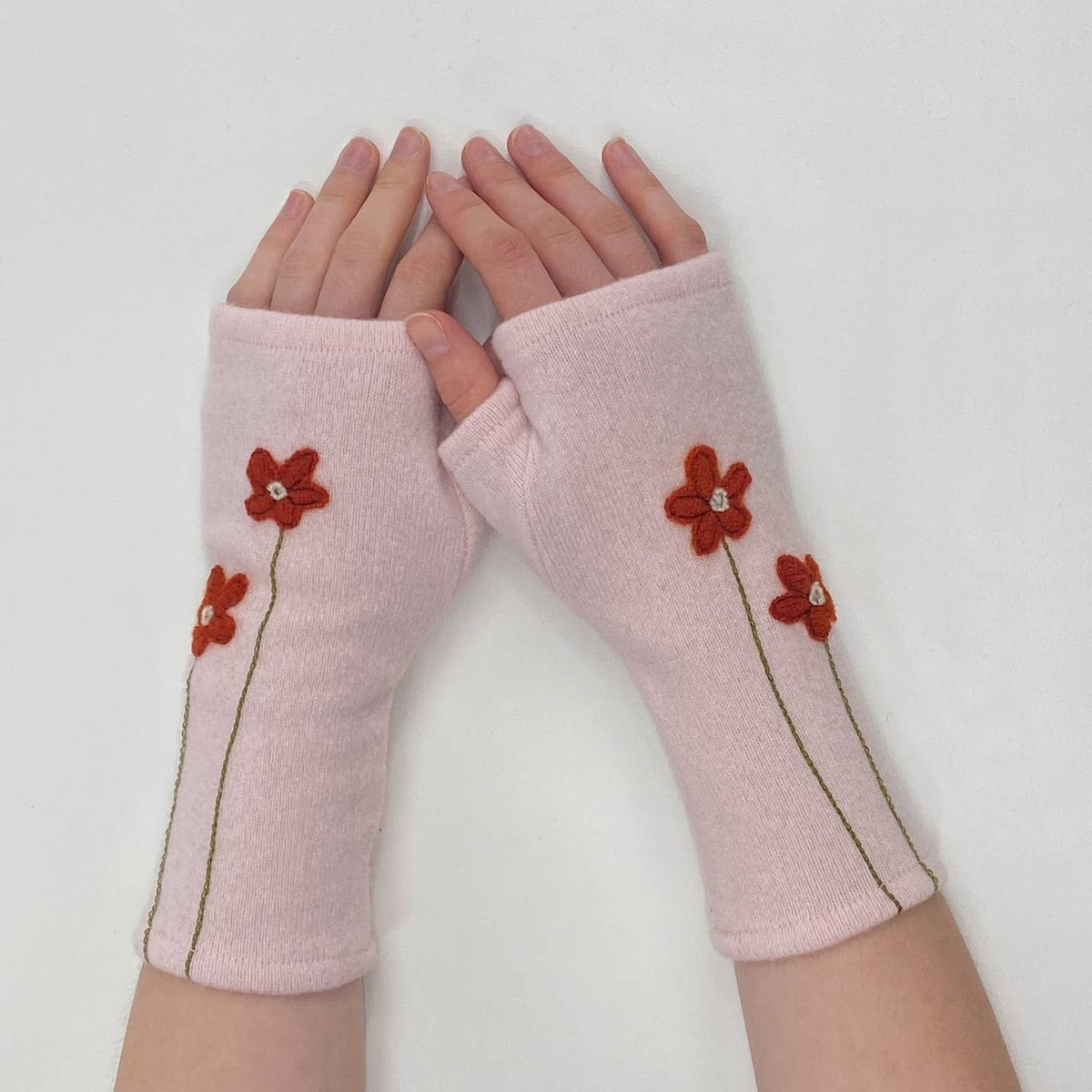 Olive Wildflower Fingerless Cashmere Gloves