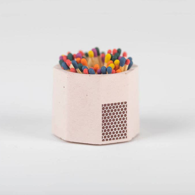 Handmade pink match holder with textured striker and colorful artisan rainbow matches, unique gift. - Pink Match Holder w/ Rainbow Matches