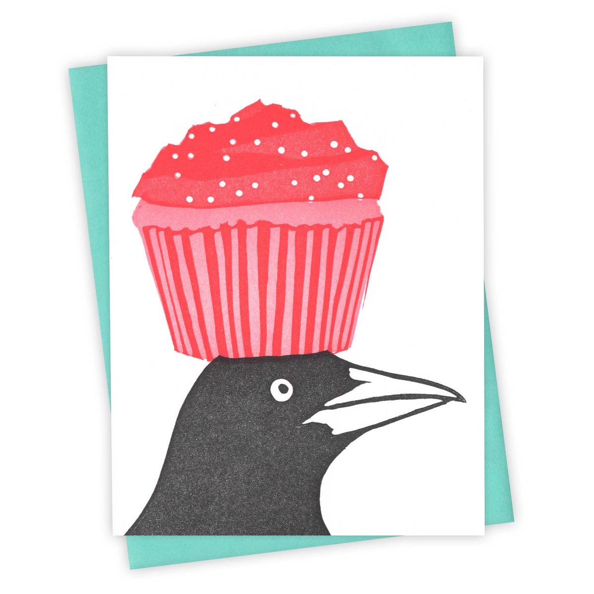 Handmade greeting card featuring a unique black grackle with a red cupcake hat, perfect artisan gift. - Cupcake Grackle Card