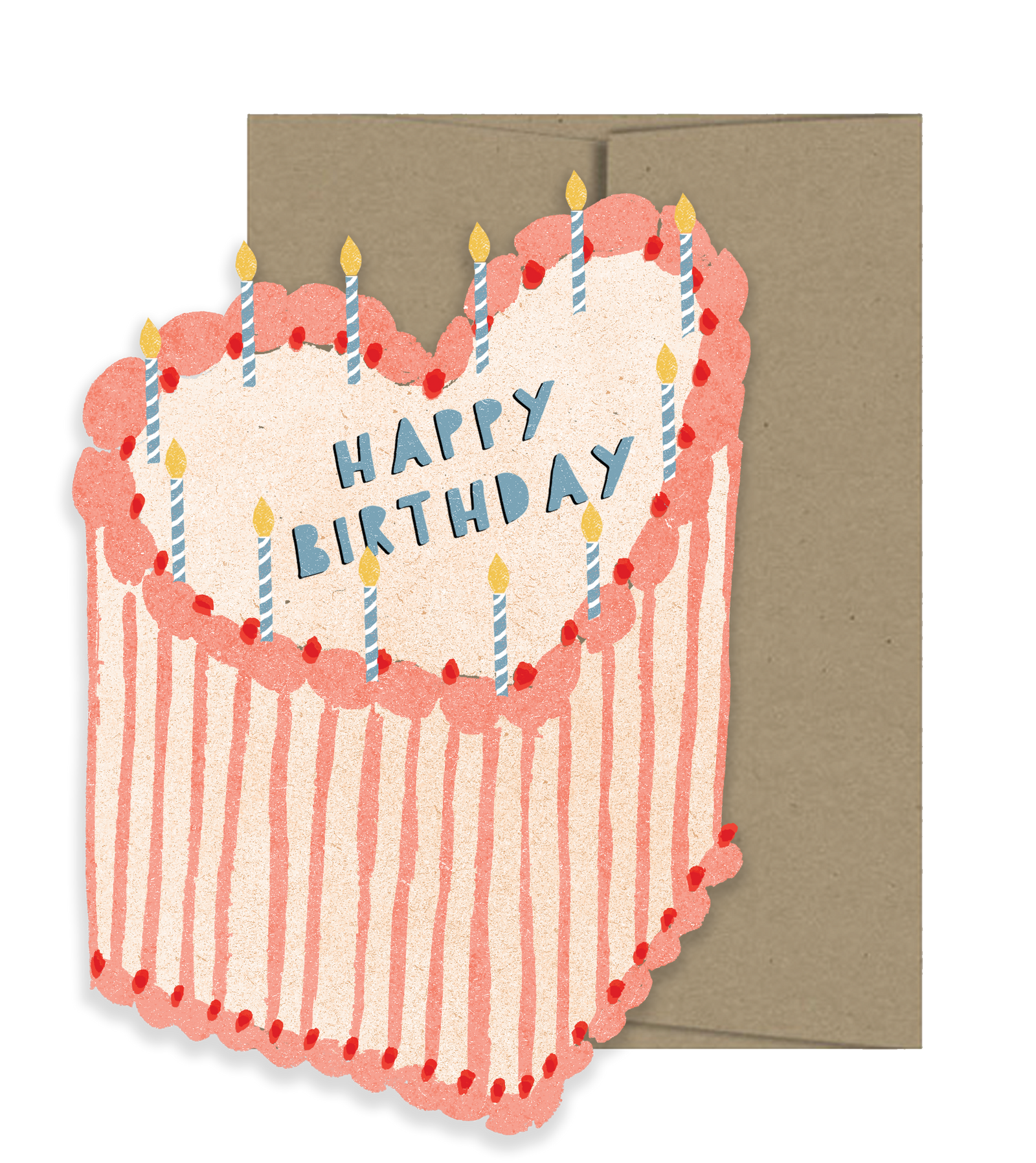Handmade heart-shaped birthday cake card with candles, pink icing, and artisan lettering. - Heart Cake Happy Birthday Card