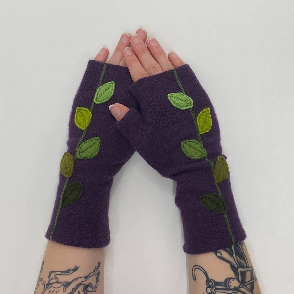 Pink Leaves Fingerless Cashmere Gloves