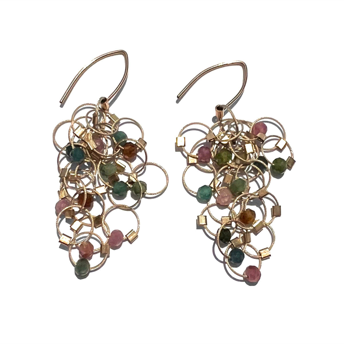 Handmade artisan earrings with multi-colored tourmaline stones and intricate gold cable loops, unique gift. - Tourmaline Multi-Interlock Hook Earrings with Gold Cable