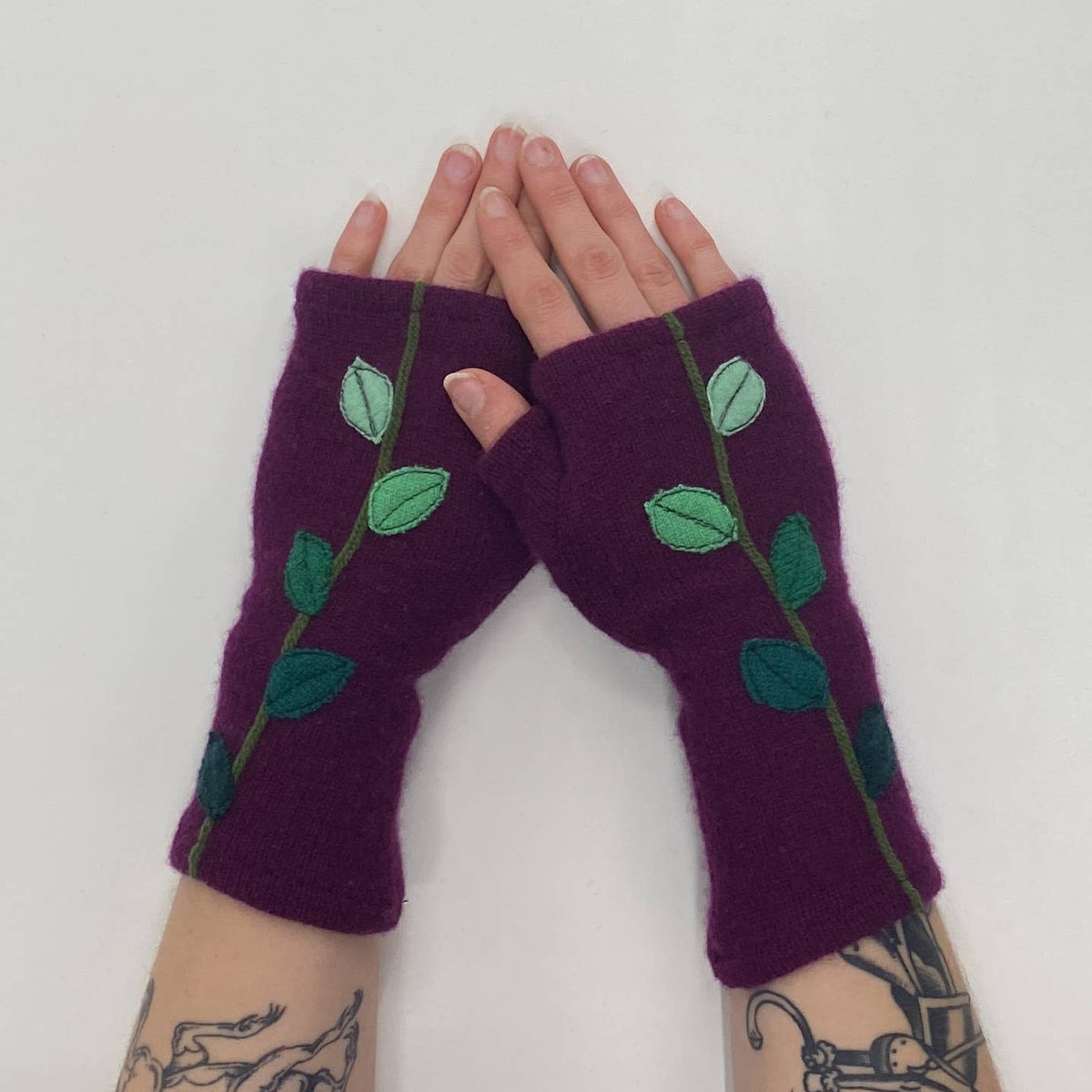 Pink Leaves Fingerless Cashmere Gloves