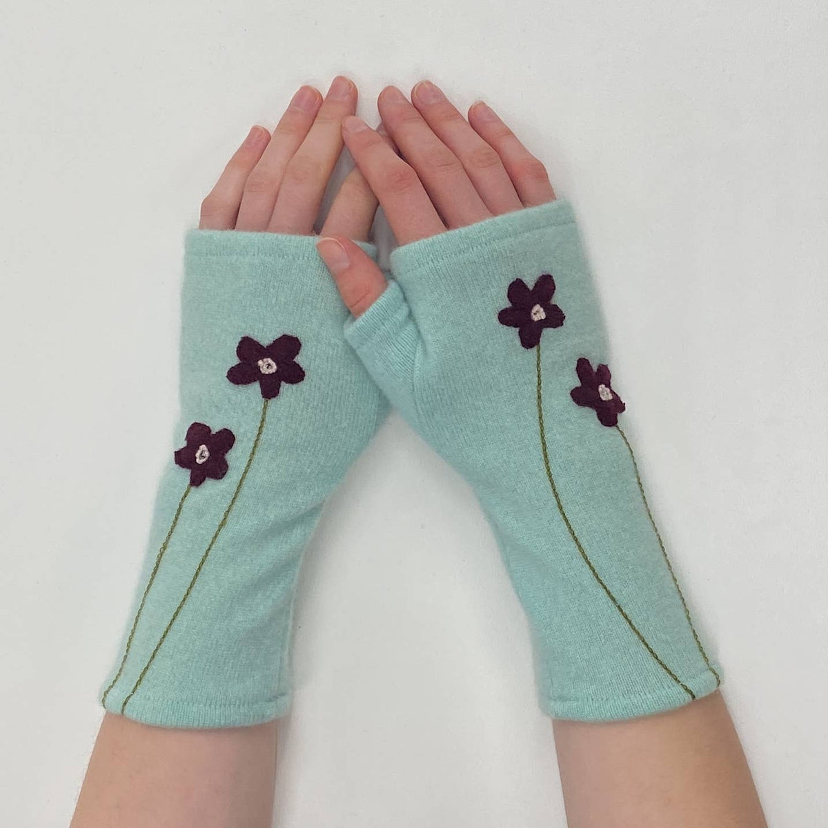 Olive Wildflower Fingerless Cashmere Gloves
