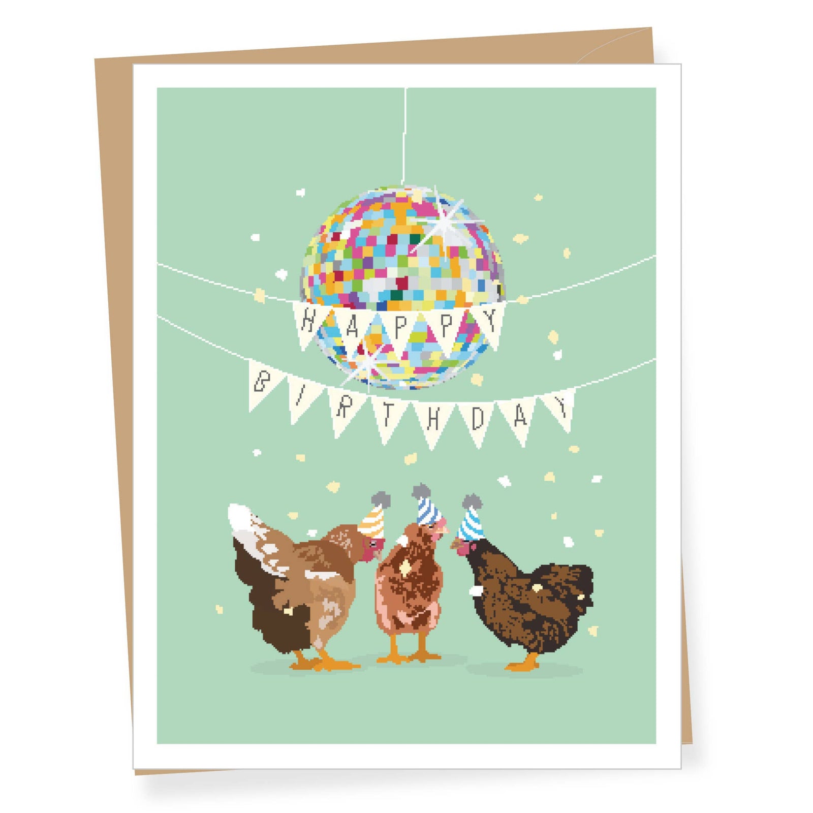 Handmade birthday card featuring three artisan party chickens under a colorful confetti balloon, special gift design. - Party Chickens Birthday Greeting Card