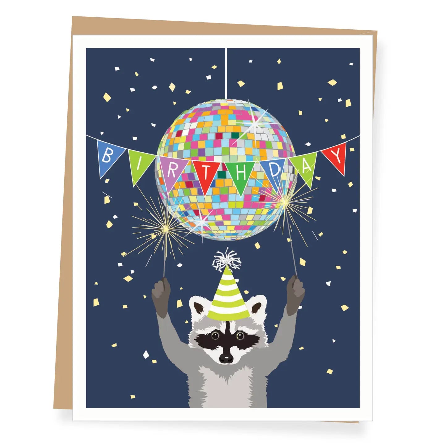 Handmade birthday card featuring a raccoon with a party hat beneath a vibrant disco ball and colorful banner. - Disco Raccoon Birthday Card