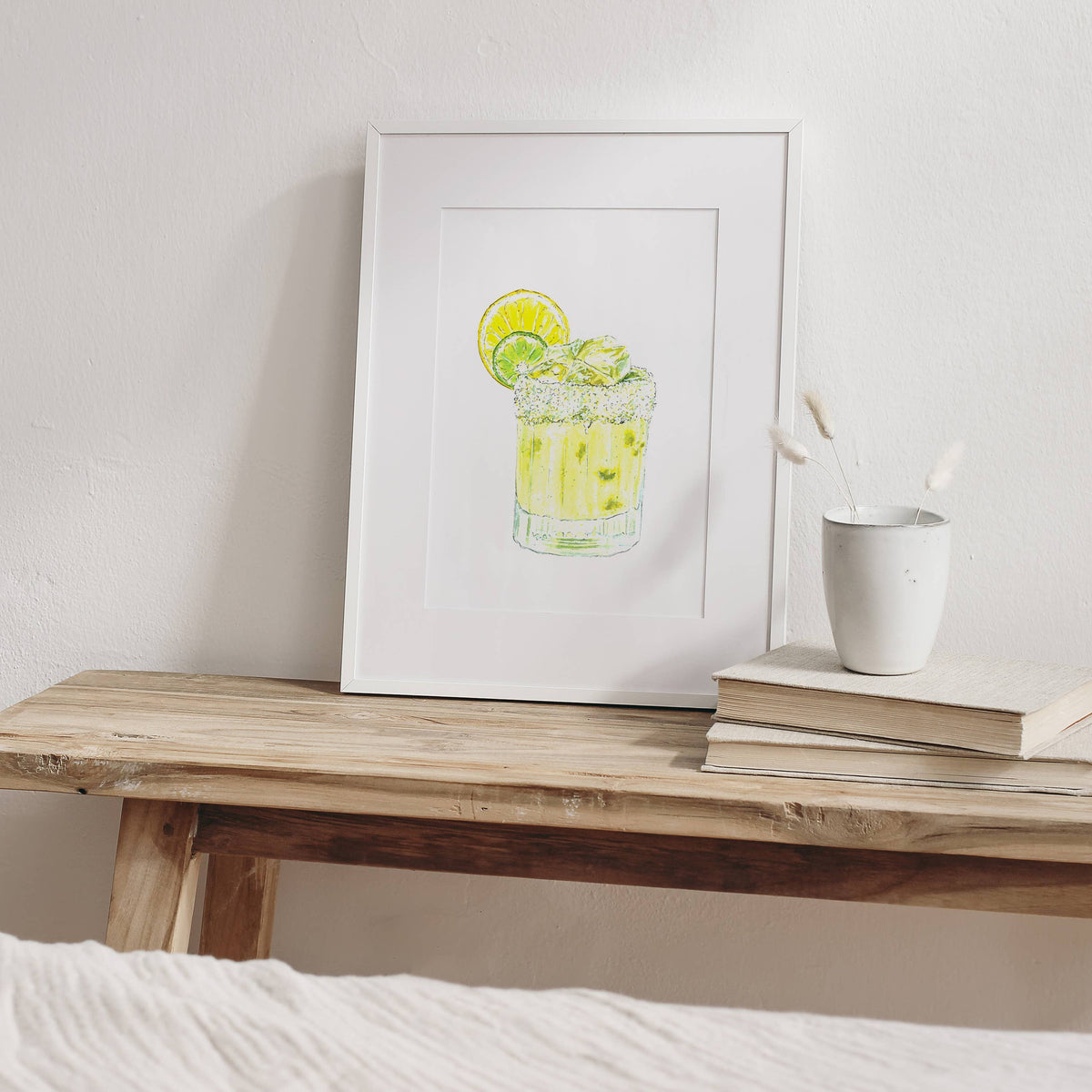 Handmade artisan margarita print with vibrant yellow and green hues in white frame, unique home decor gift. - Margarita Print