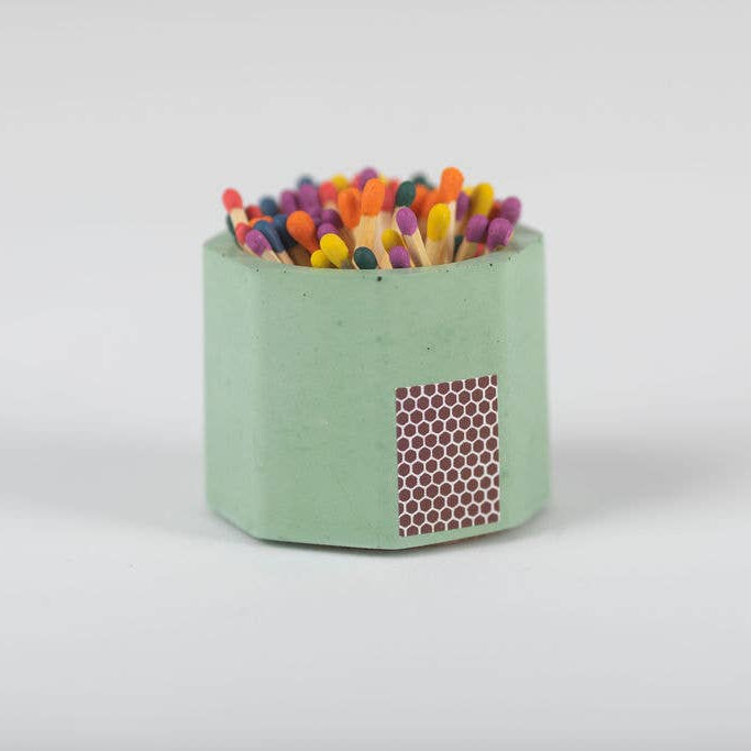 Handmade green ceramic match holder with colorful rainbow matchsticks, unique artisan gift. - Matcha Match Holder w/ Rainbow Matches