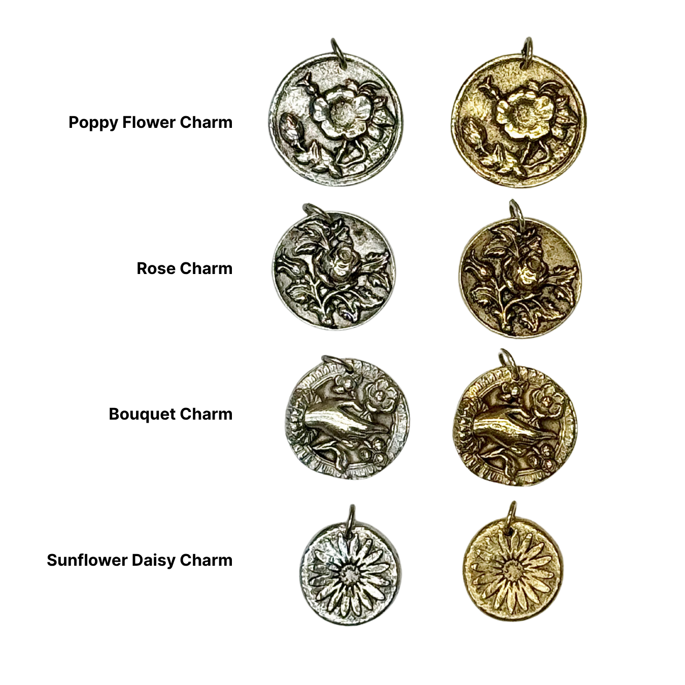Collection of various flower flora charm pendants on a white background