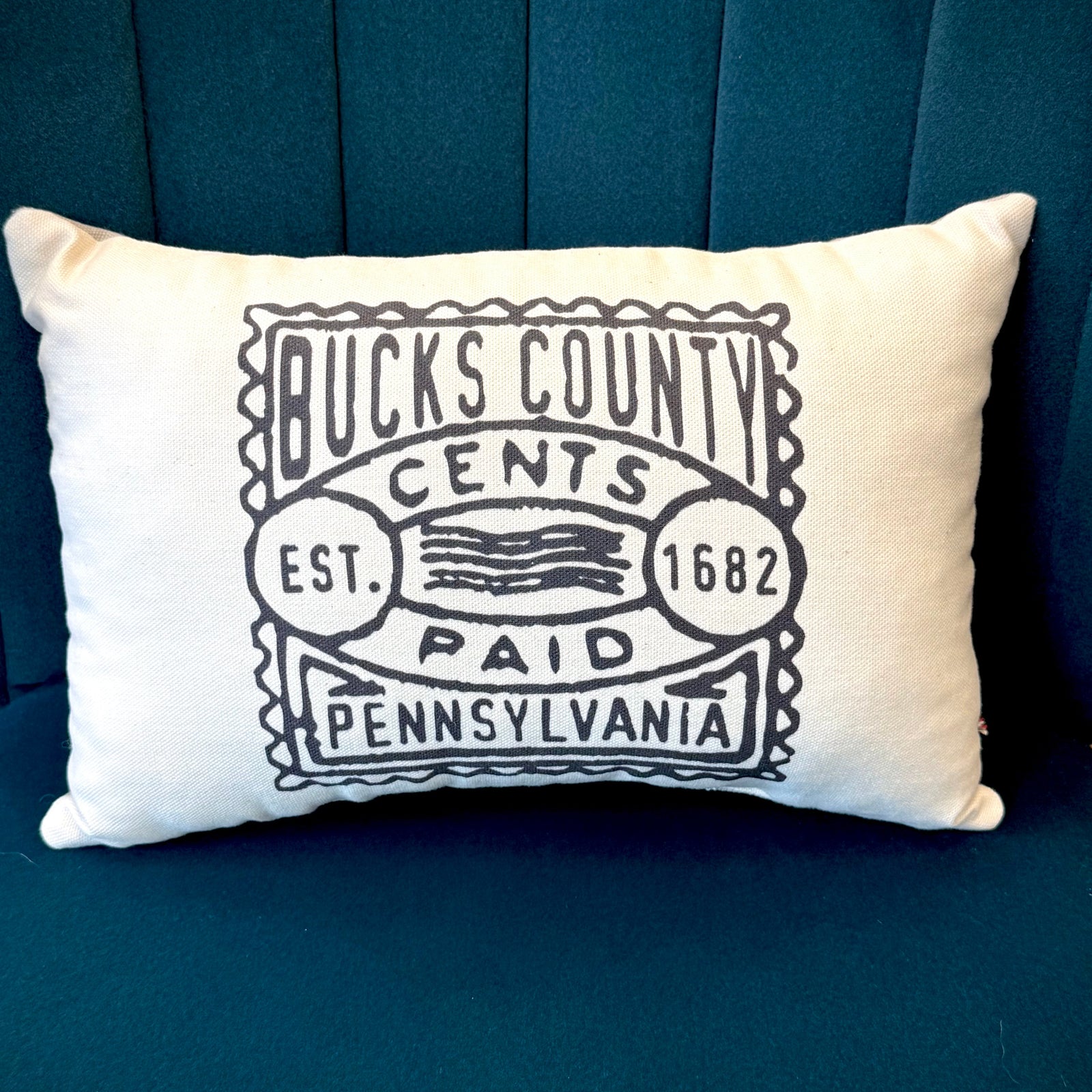 white and black pillow featuring Bucks County Pennsylvania in vintage stamp design