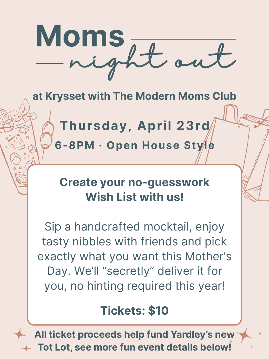 Flyer for 'Moms Night Out' event at Krysset with The Modern Moms Club in Yardley bucks county pennsylvania