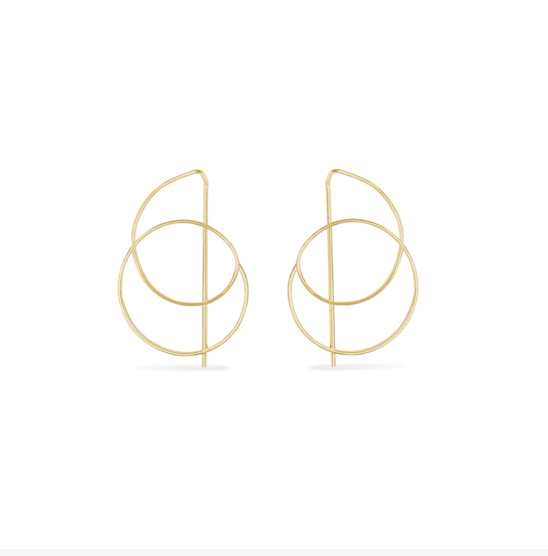 Handmade tall gold hoops with unique intersecting circle and line design, artisan gift earrings. - Aurora Hoops—Tall