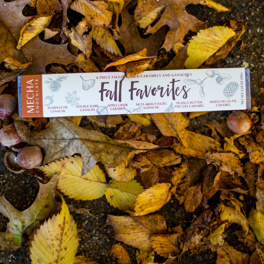 Mecha Chocolates Fall Favorites packaging on a bed of autumn leaves and nuts.