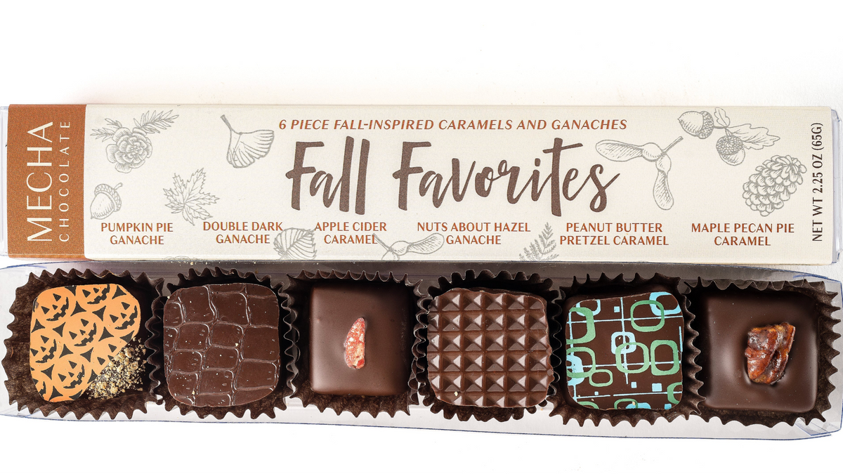 Box of Mecha Chocolate Fall Favorites with various chocolate pieces.