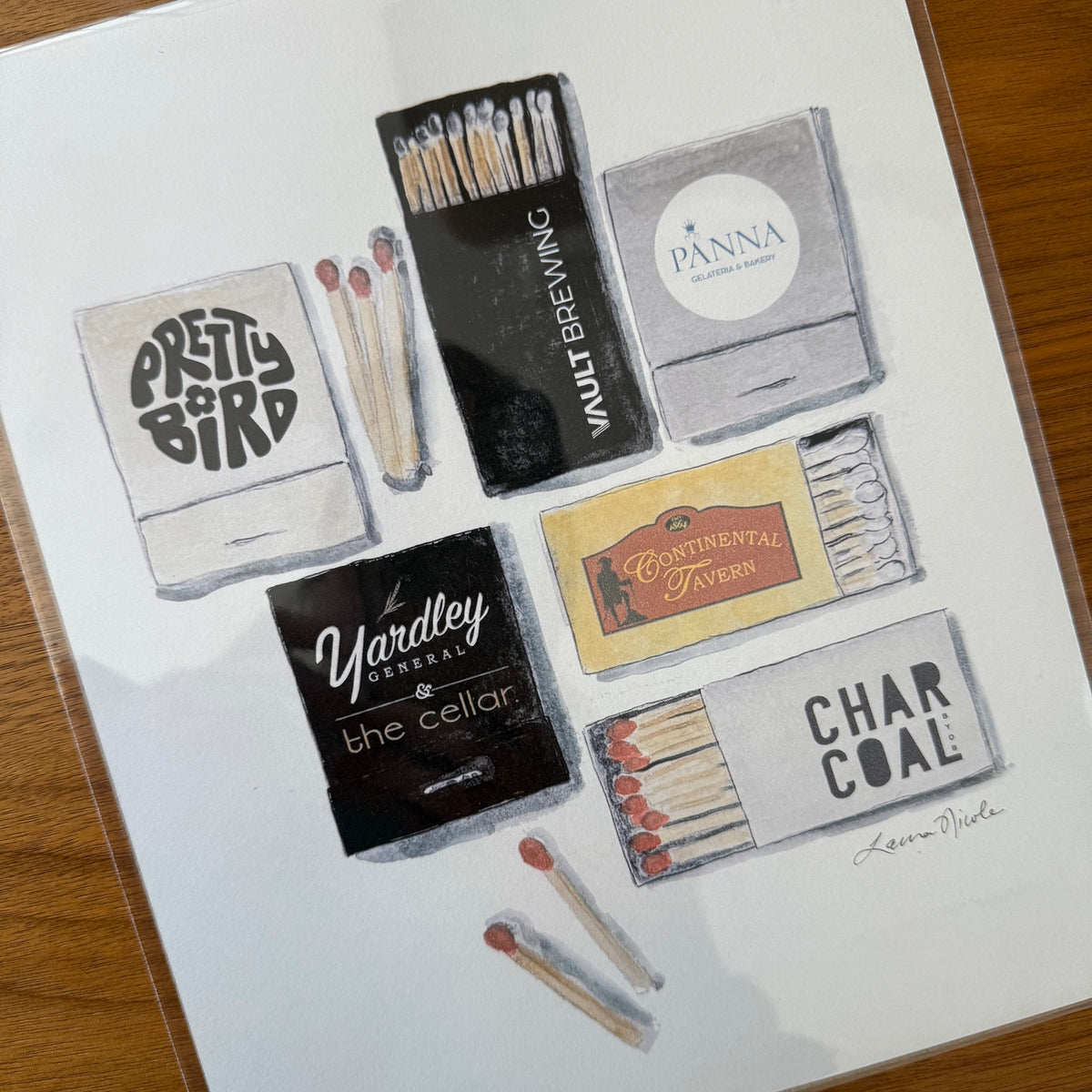 Painting of nostalgic style matchbooks from local restaurants in Yardley Pennsylvania