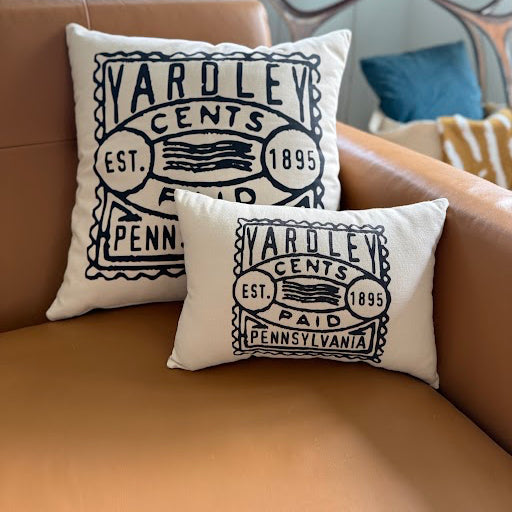 vintage stamp inspired yardley pennsylvania decorative pillow
