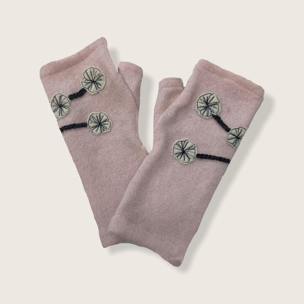 Cream Cherry Blossom Fingerless Cashmere Gloves