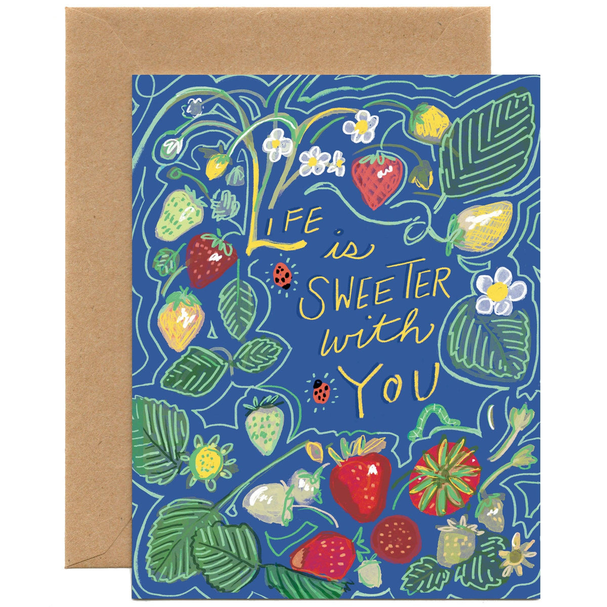 Life Is Sweeter With You (Strawberries and Ladybugs) — Valentine's Day, Love, Friendship, Birthday, Thank you Card: Eco-friendly card pocket