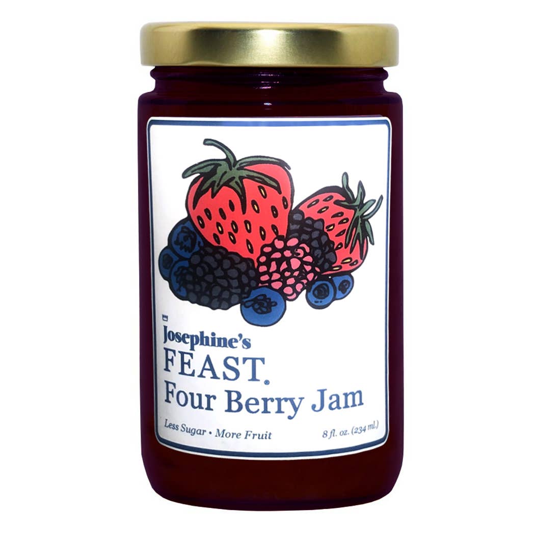 Artisan handmade Four Berry Jam jar with illustrated berry label and gold lid, perfect unique gift. - Four Berry Preserves