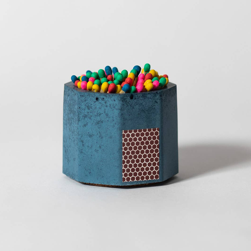 Handmade navy concrete match holder filled with colorful rainbow matches, unique artisan gift. - Navy Match Holder w/ Rainbow Matches