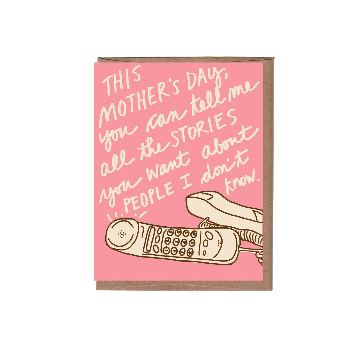 Handmade pink Mother's Day card with whimsical phone illustration and unique scripted text design. - Mom Stories Greeting Card