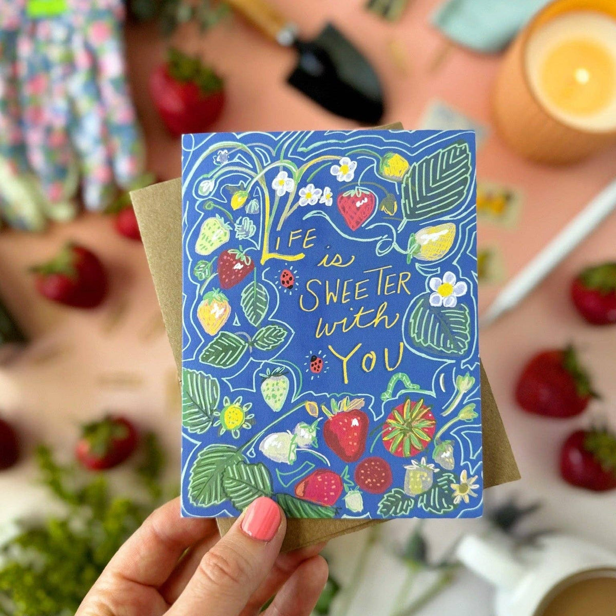 Life Is Sweeter With You (Strawberries and Ladybugs) — Valentine's Day, Love, Friendship, Birthday, Thank you Card: Eco-friendly card pocket