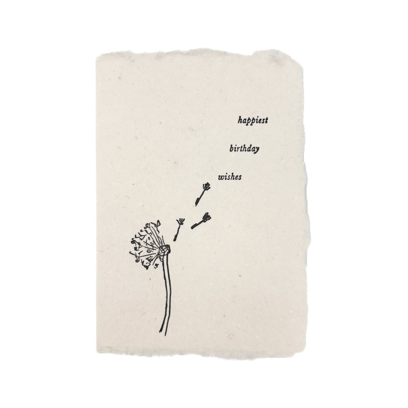 Handmade artisan birthday card with dandelion illustration and special "happiest birthday wishes" text on textured paper. - Happiest birthday wishes dandelion card